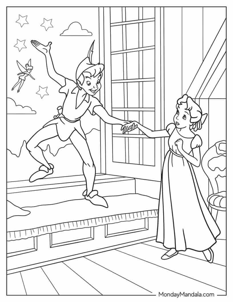 Peter Pan Taking Wendy To Neverland Coloring Sheet coloring page