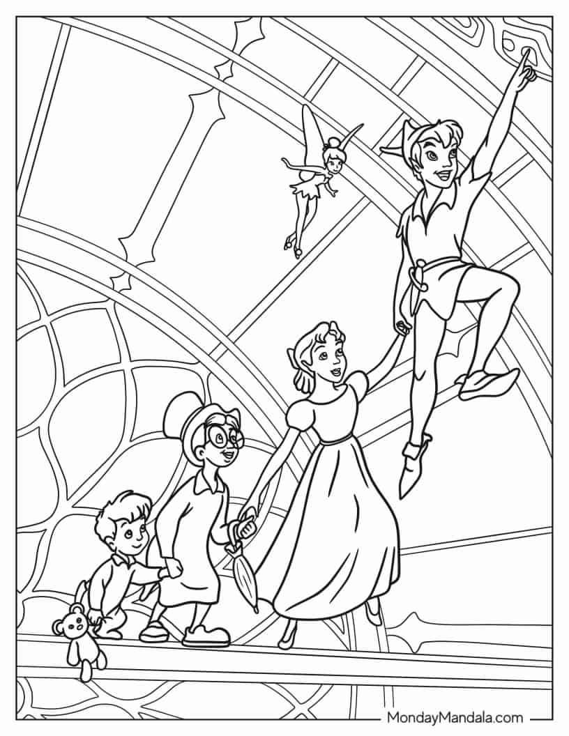 Peter Pan Teaching Wendy, John, And Michael To Fly coloring page