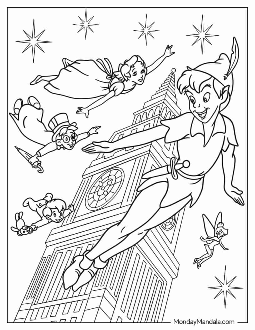 Peter Pan, Wendy, John, And Michael Flying Past Big Ben coloring page