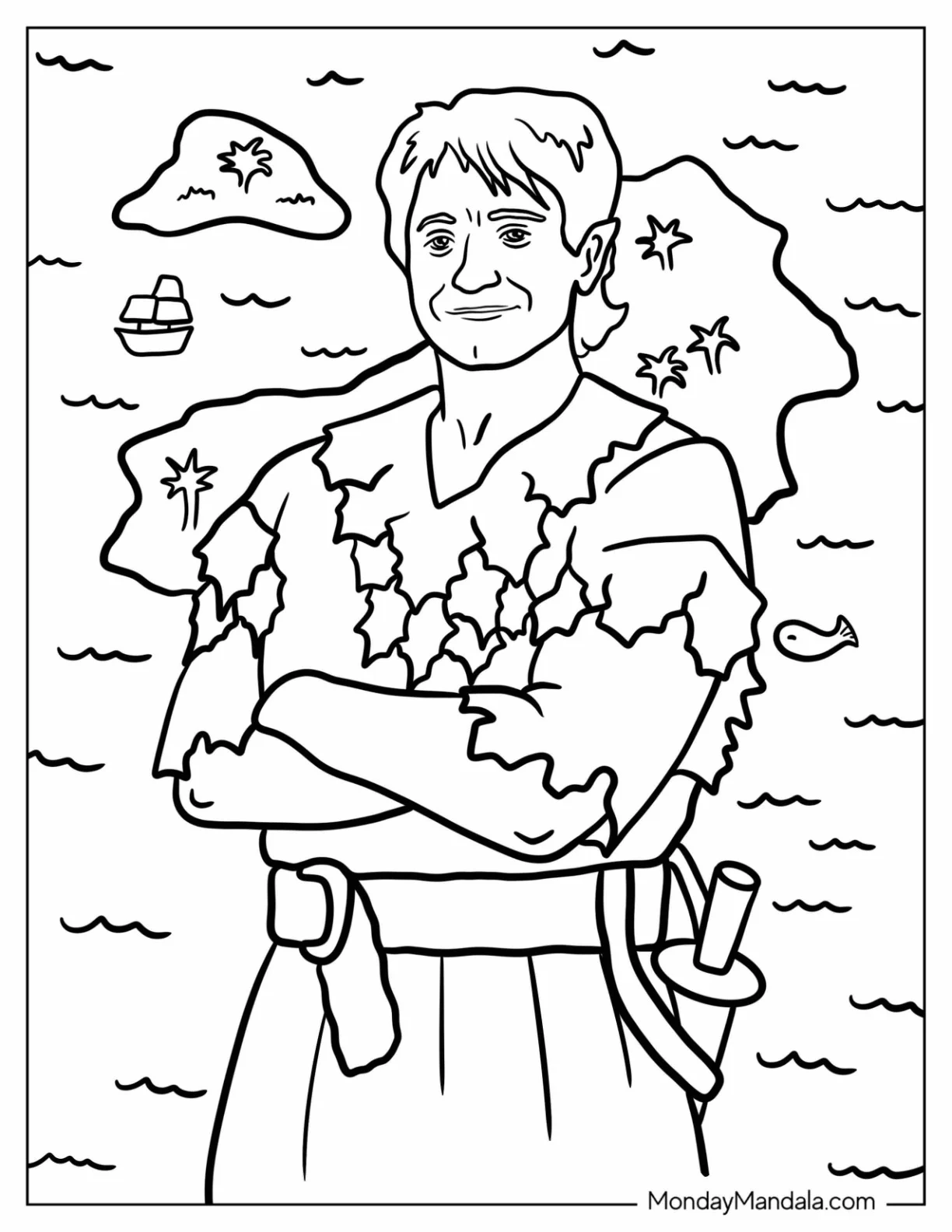 Robin Williams as Grown Up Peter Pan Coloring Page in Neverland coloring page — printable line art
