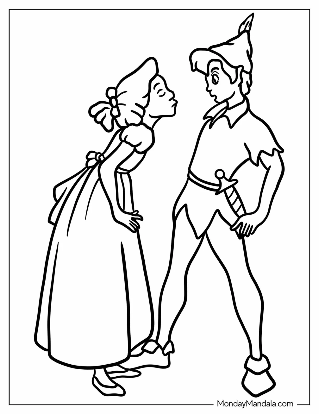Wendy Leaning in to Kiss a Blushing Peter Pan Coloring Page for Kids coloring page — printable line art