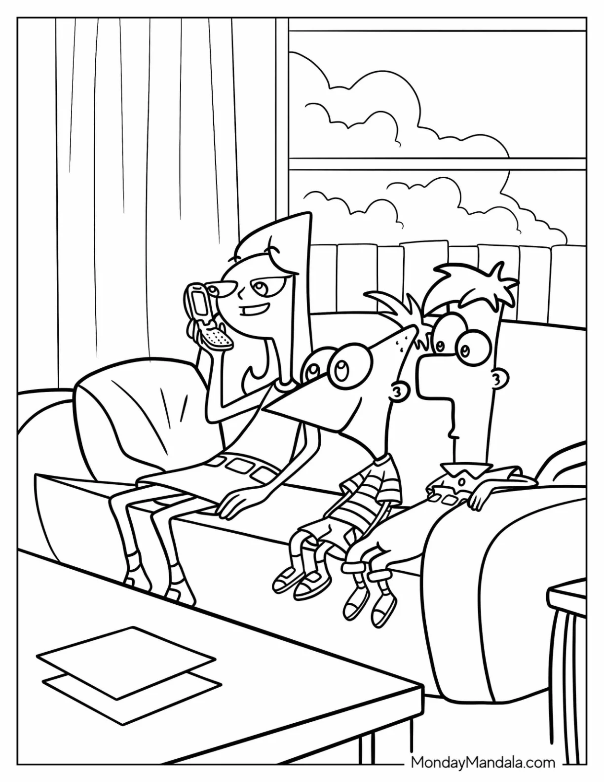 Phineas And Ferb Coloring Page And Candace Sitting In The Living Room coloring page