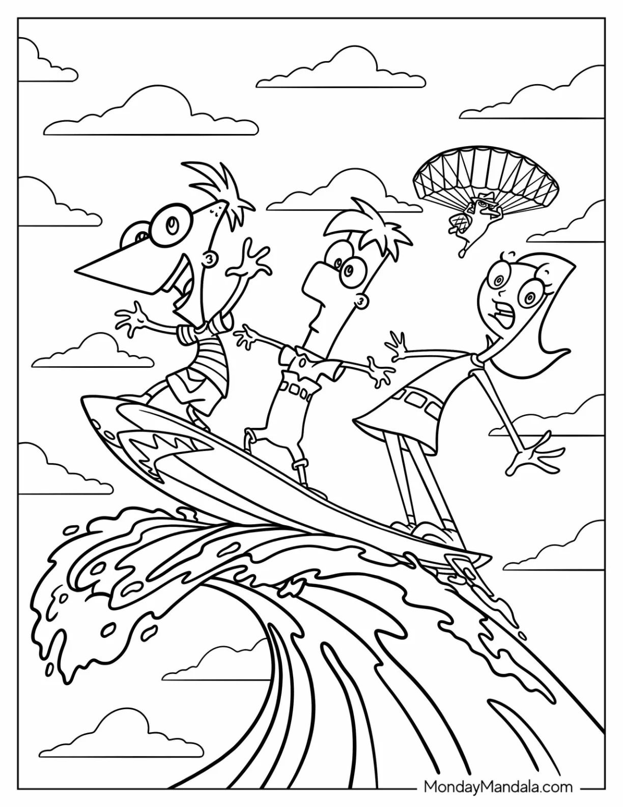 Phineas And Ferb Coloring Page And Candace Surfing With Perry The Platypus On A Parachute coloring page