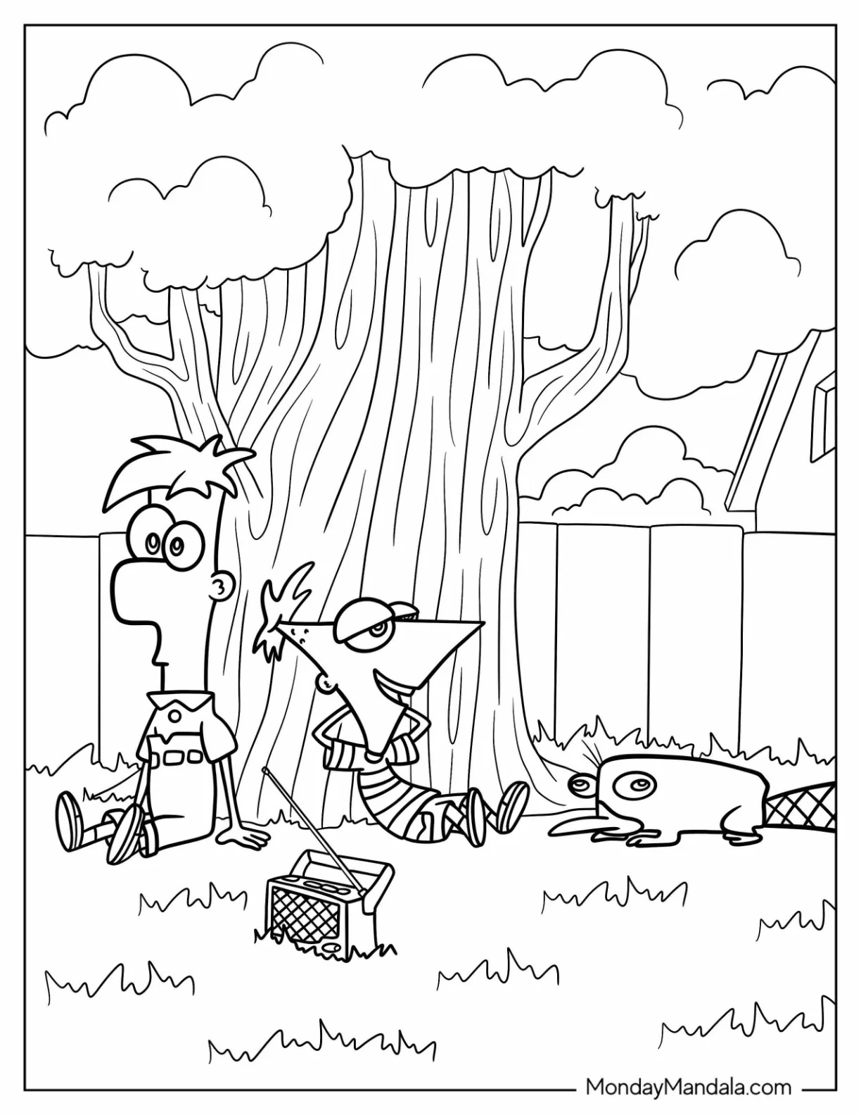 Phineas And Ferb Coloring Page In The Backyard With Perry The Platypus coloring page — printable line art