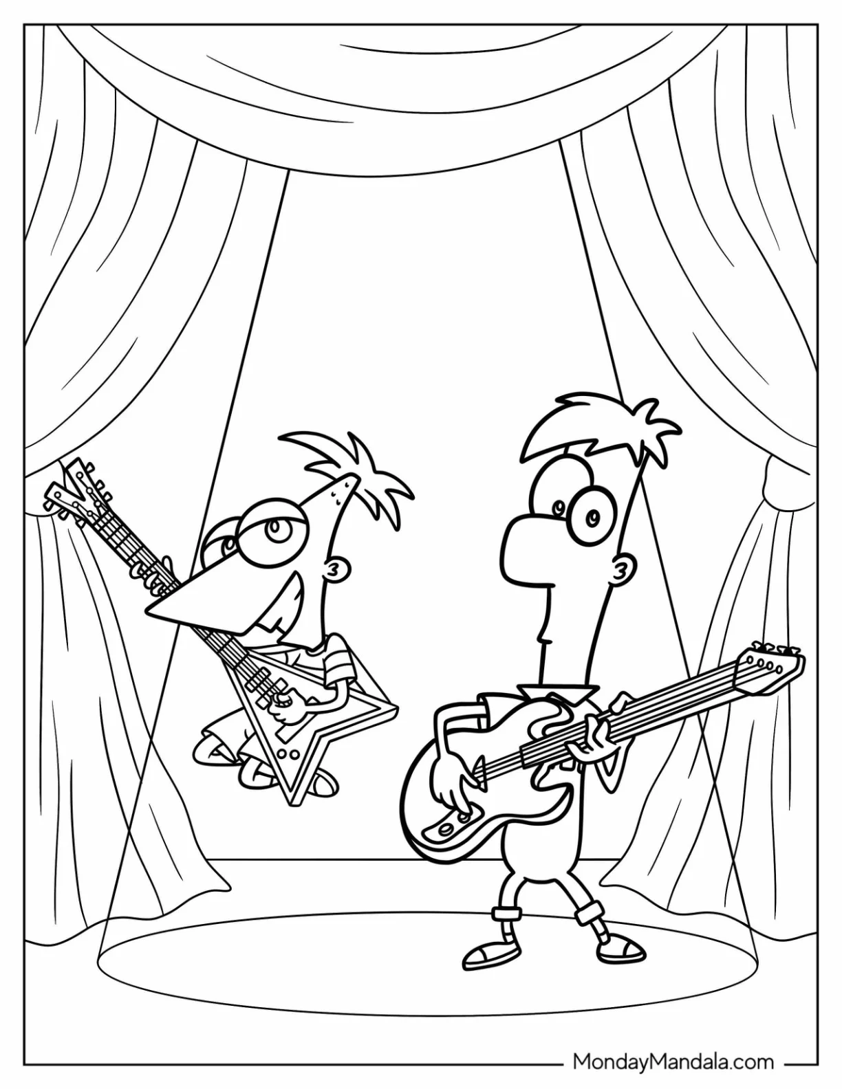 Phineas And Ferb Coloring Page On Stage Playing Electric Guitar coloring page