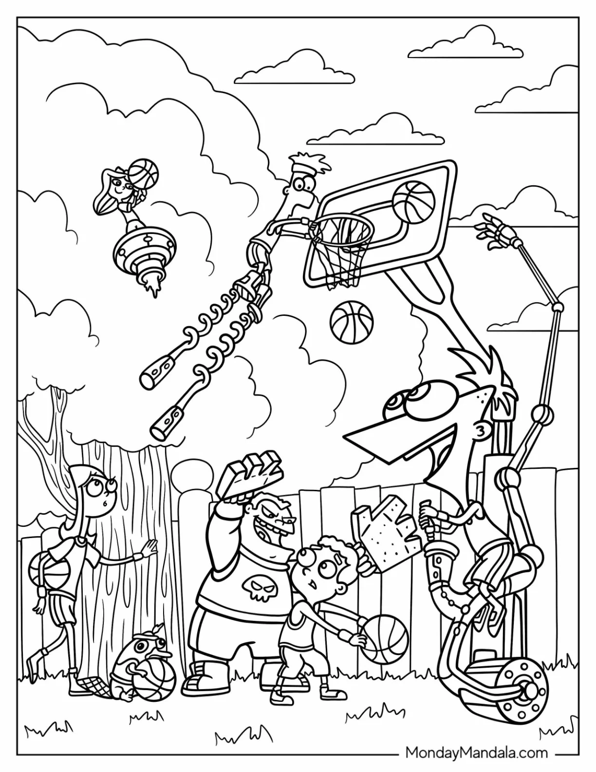 Phineas And Ferb Coloring Page Playing Basketball With Buford, Isabella, Baljeet, Candace, And Perry coloring page