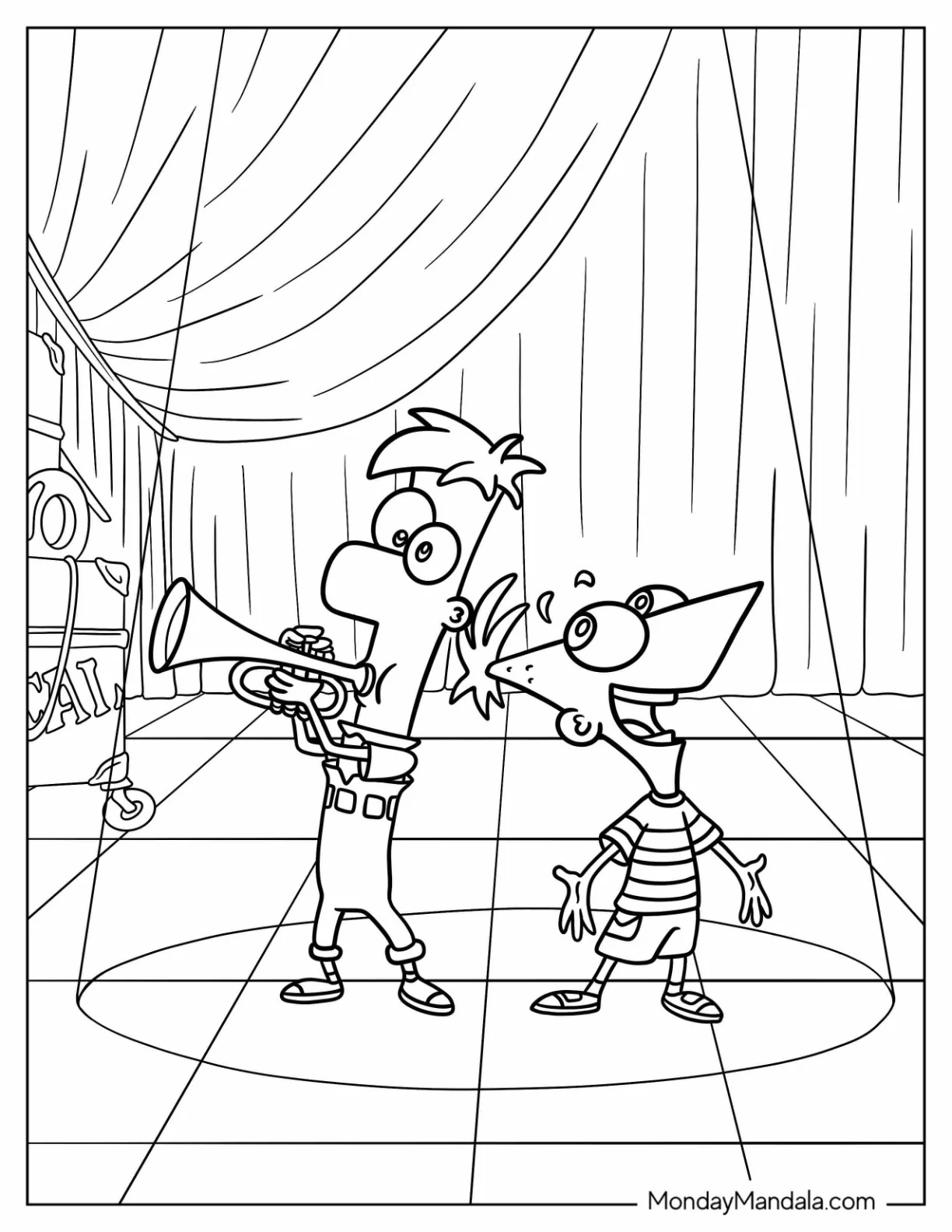 Phineas And Ferb Coloring Page Playing Trumpet For Kids coloring page — printable line art