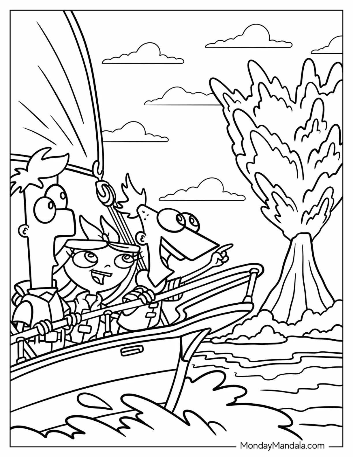 Phineas And Ferb Coloring Page With Isabella Watching Volcanic Eruption From Boat coloring page