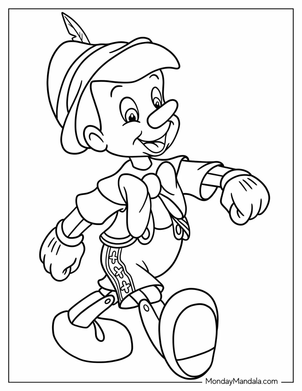Easy Outline Of Pinocchio Coloring Page Walking For Kids coloring page — printable line art