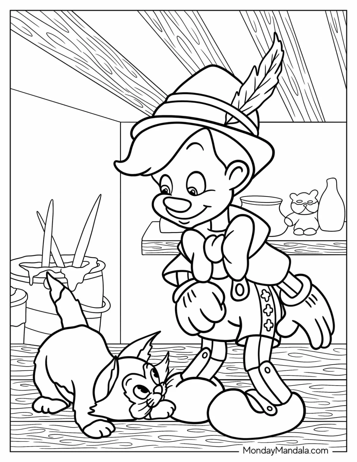 Figaro Playing With Puppet Pinocchio Coloring Page In Workshop coloring page