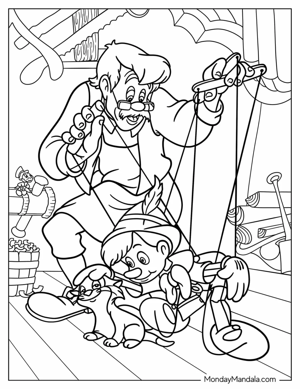 Geppetto Controlling Puppet Pinocchio Coloring Page coloring page