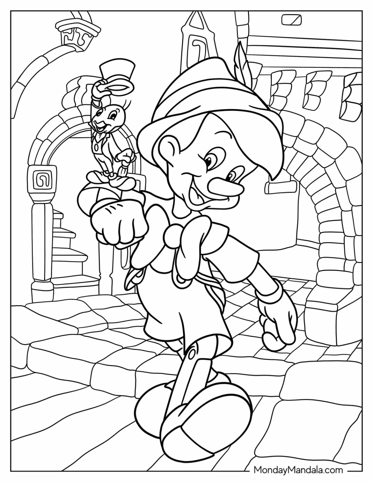 Pinocchio Coloring Page Holding Up Jiminy Cricket On His Elbow coloring page — printable line art