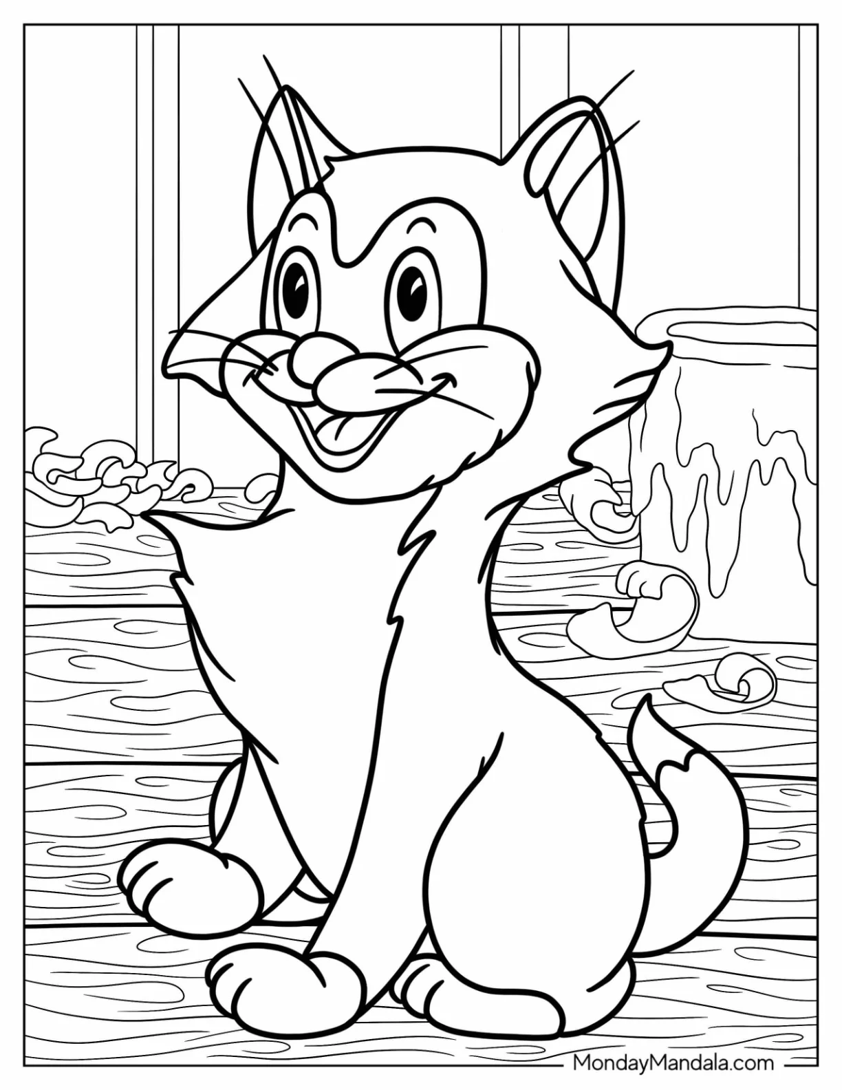 Pinocchio Coloring Page Of Happy Figaro Seated On The Table For Kids coloring page