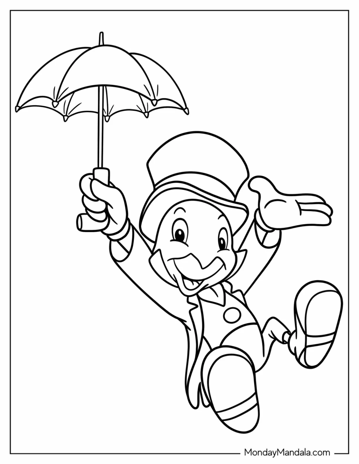 Pinocchio Coloring Page Of Jiminy Cricket Floating Down Using Umbrella coloring page