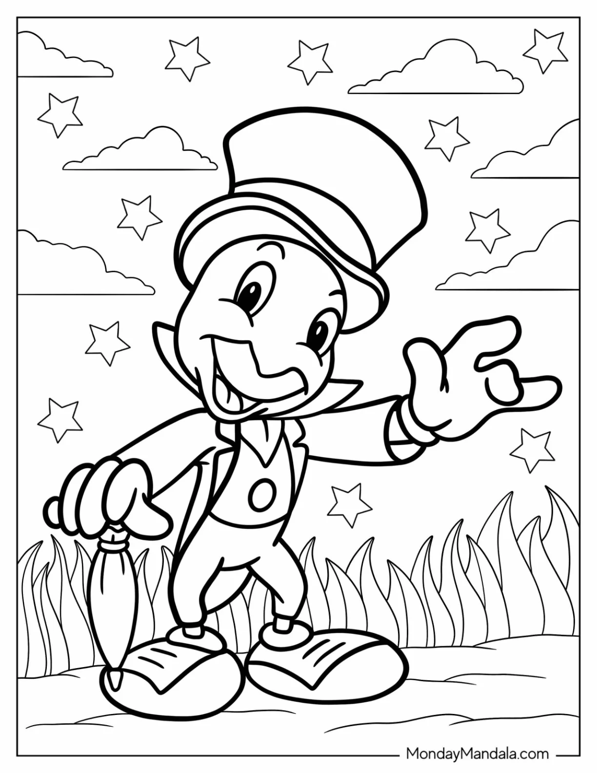 Pinocchio Coloring Page Of Jiminy Cricket Wearing Top Hat For Preschoolers coloring page