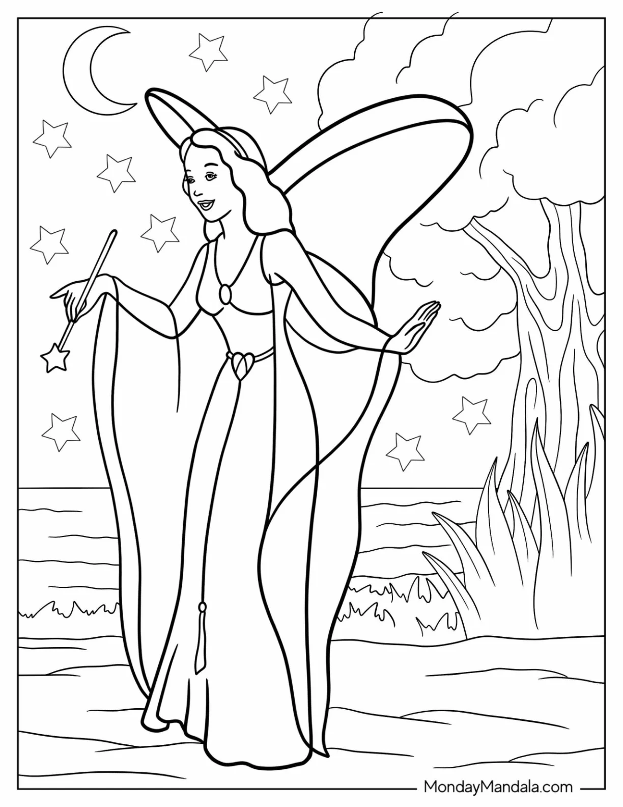 Pinocchio Coloring Page Of The Blue Fairy With Her Magic Wand coloring page