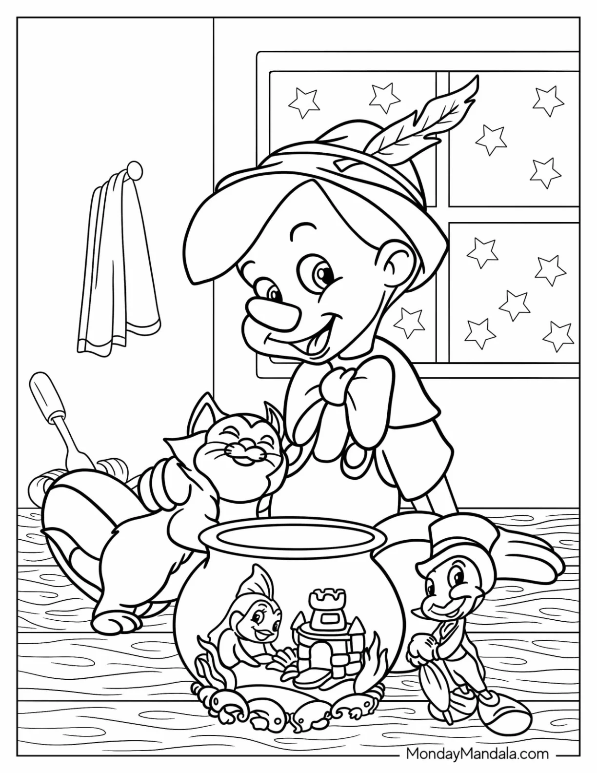 Pinocchio Coloring Page Playing With Figaro, Cleo, And Jiminy Cricket On Table coloring page