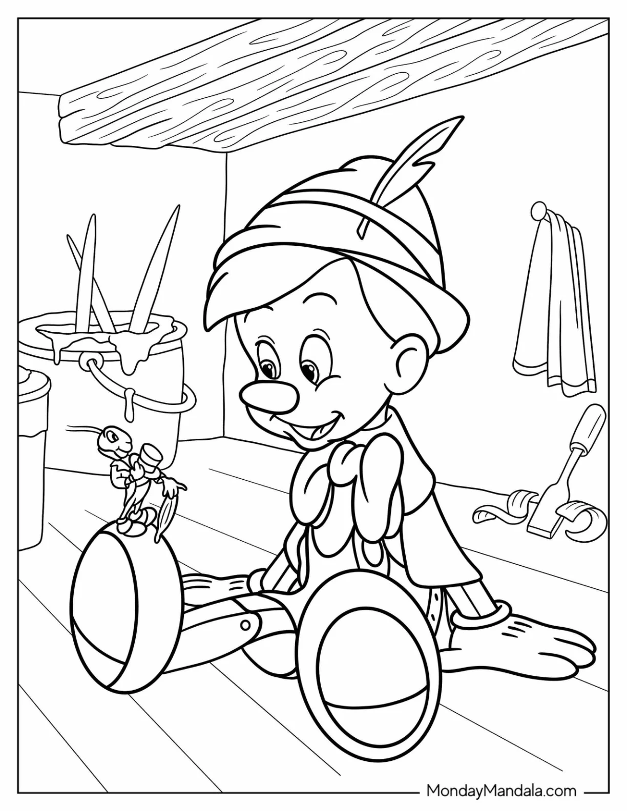 Pinocchio Coloring Page Talking To Jiminy Cricket On The Floor coloring page — printable line art