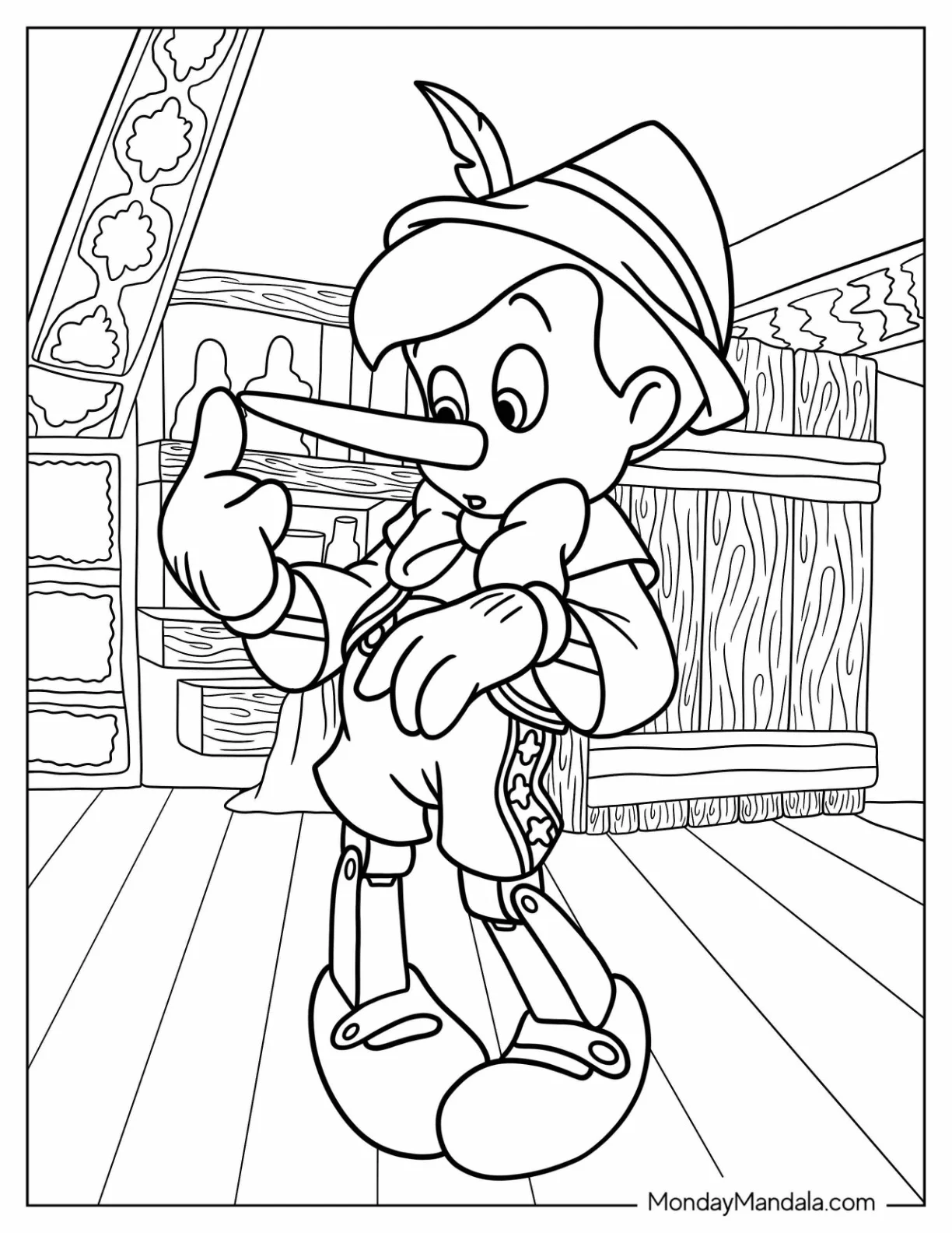 Pinocchio Coloring Page Touching His Pointy Nose coloring page — printable line art