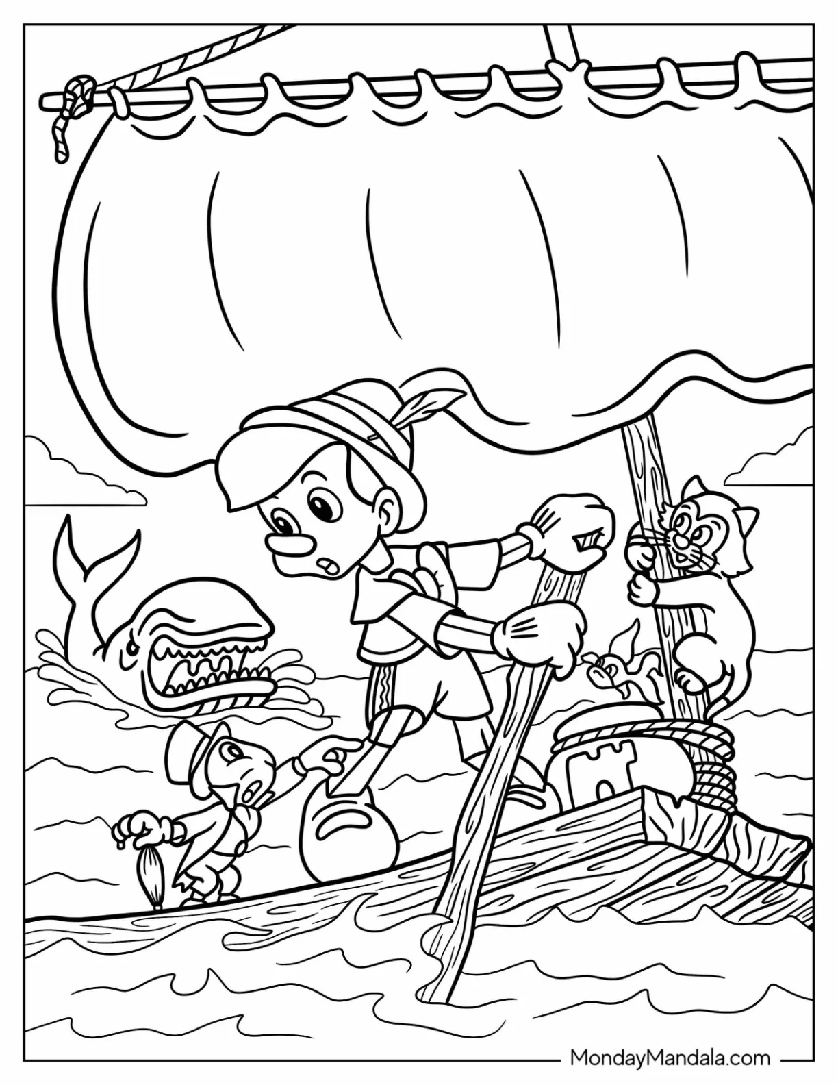 Pinocchio Coloring Page With Jiminiy, Figaro, And Cleo In Stormy Seas coloring page