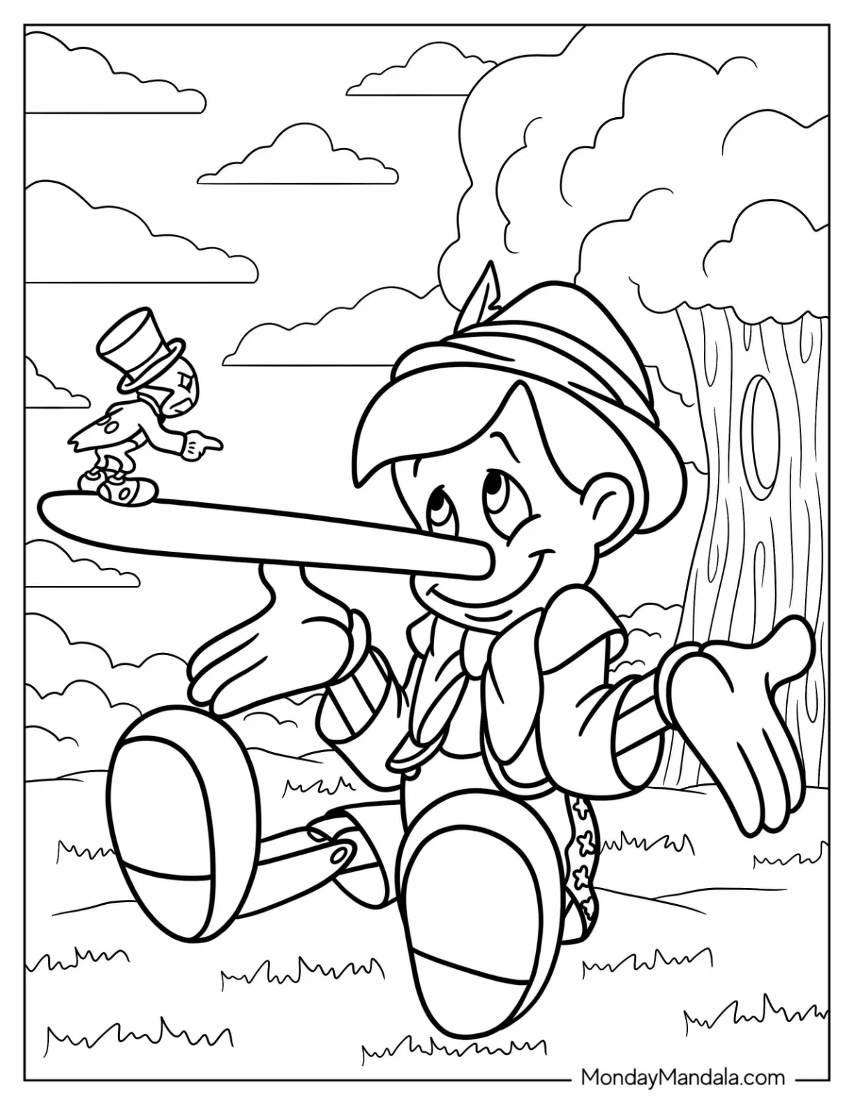 Pinocchio Coloring Page With Super Long Nose For Lying coloring page — printable line art