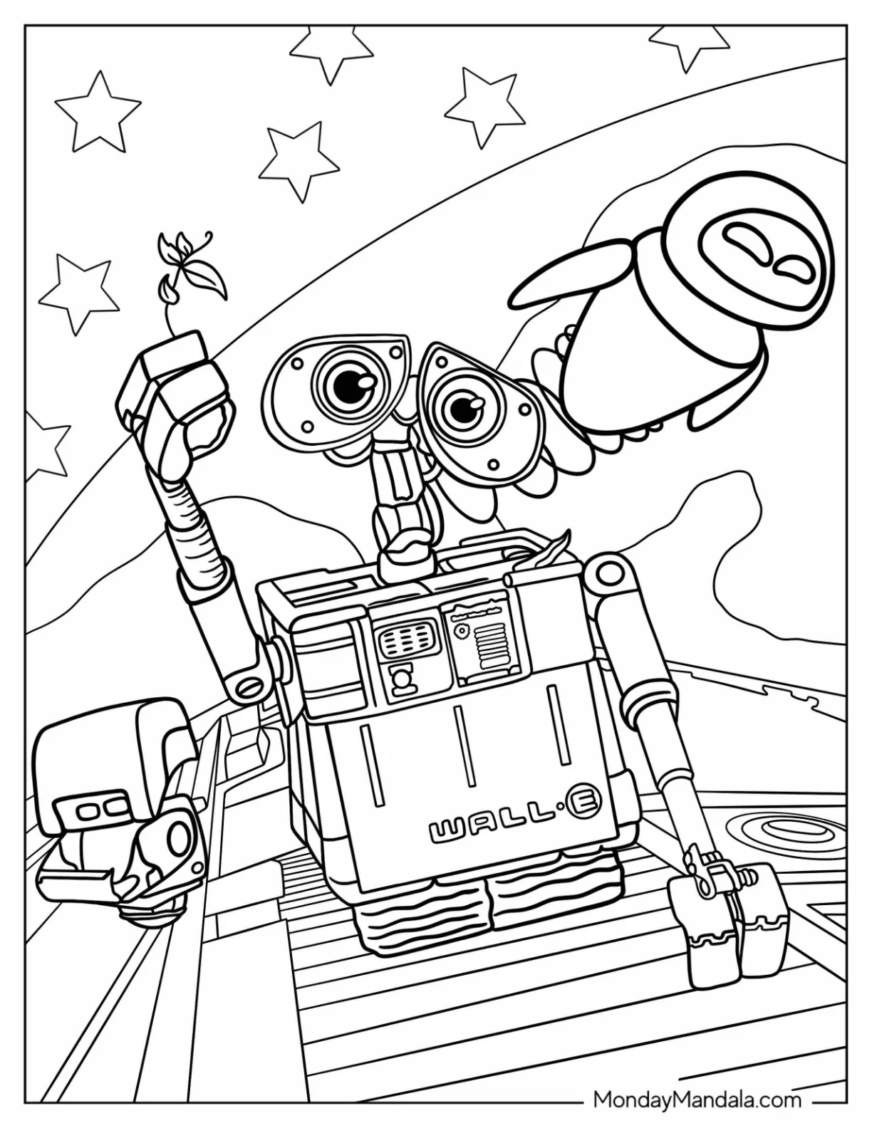 Pixar Coloring Page of Detailed Wall E With Eve coloring page