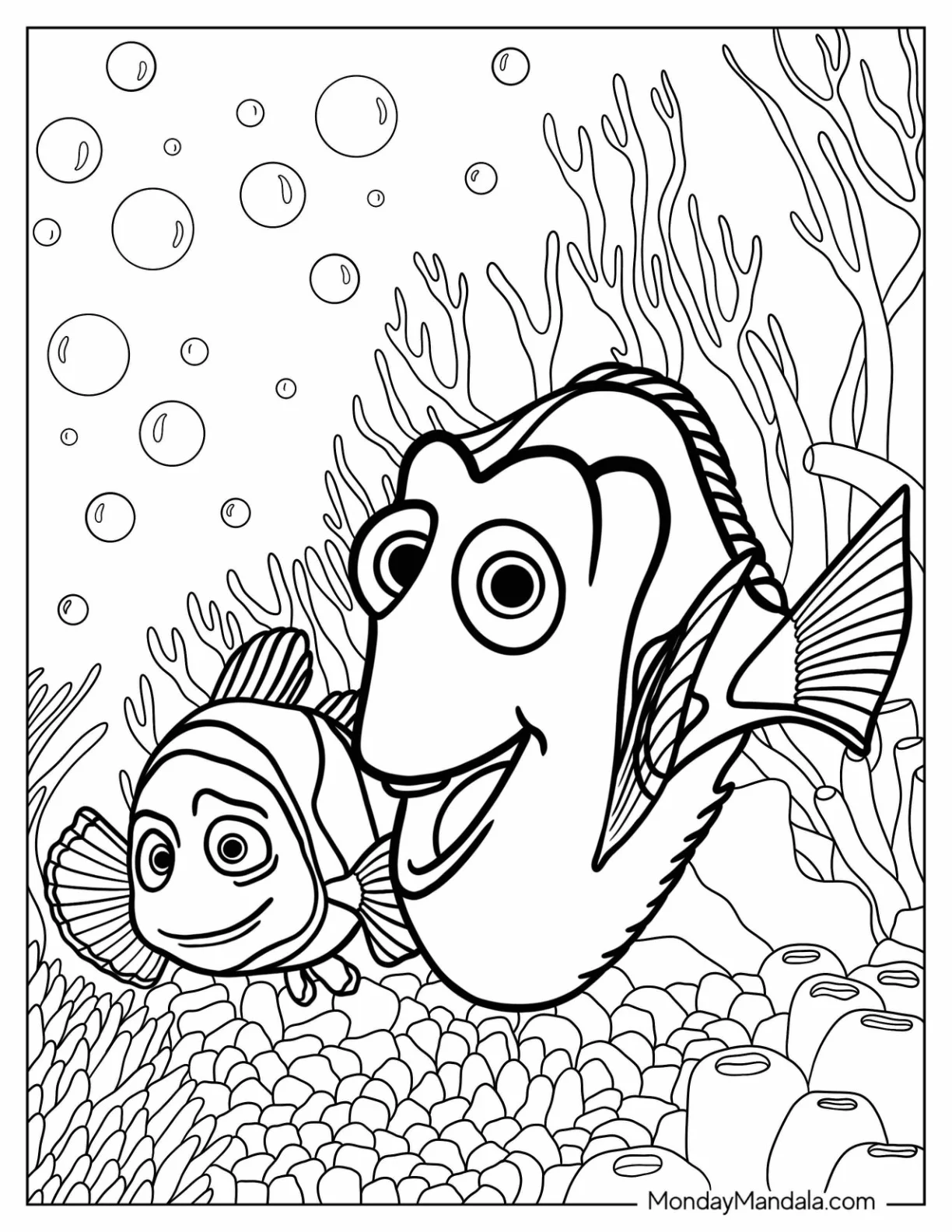 Pixar Coloring Page of Dory And Marlin In Coral Reef coloring page — printable line art