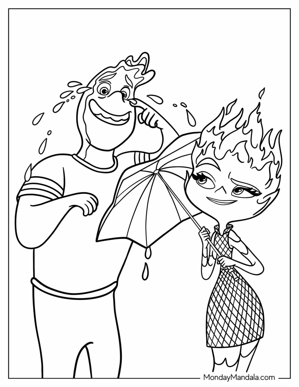 Pixar Coloring Page of Ember Lumen And Wade Ripple From Elemental coloring page — printable line art