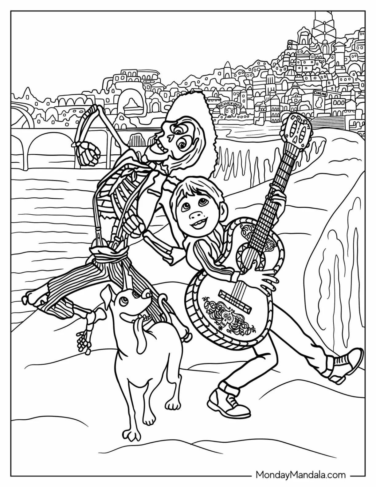 Pixar Coloring Page of Hector, Coco, And Dante In The Land Of The Dead coloring page