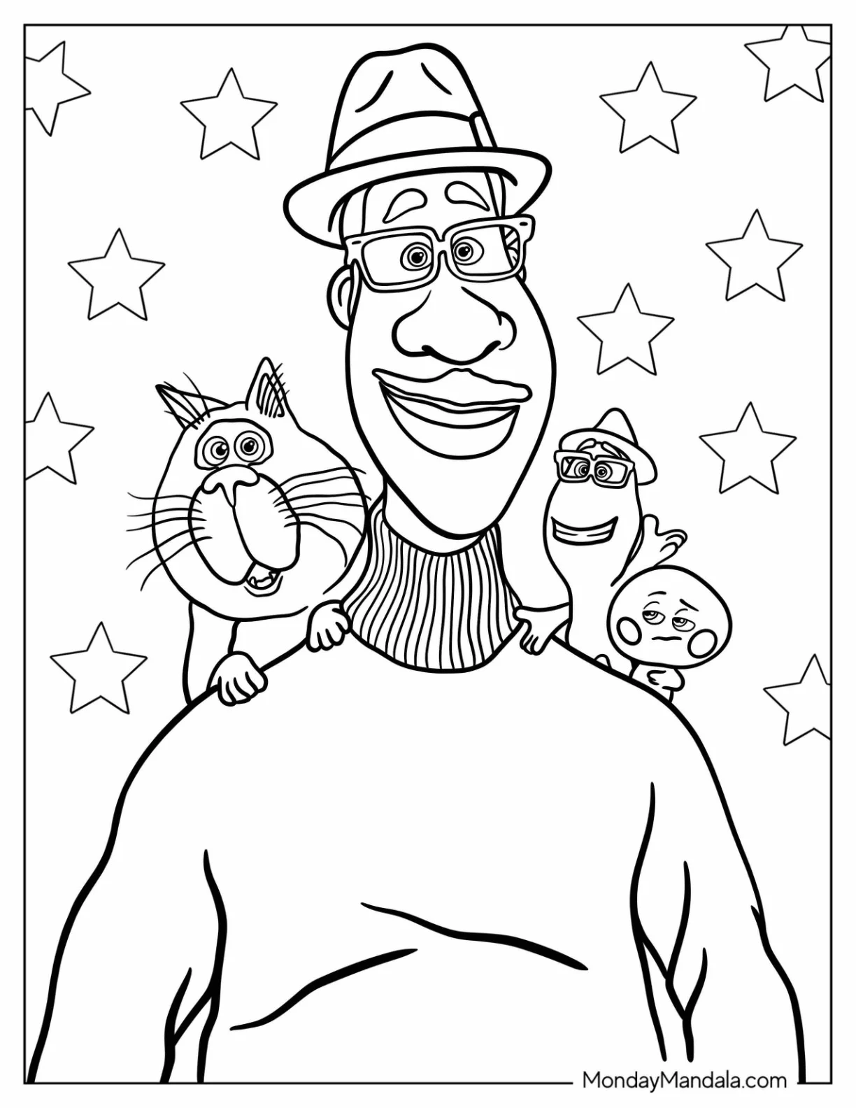 Pixar Coloring Page of Joe Gardner With 22, Moonwind, And Mittens From Soul coloring page