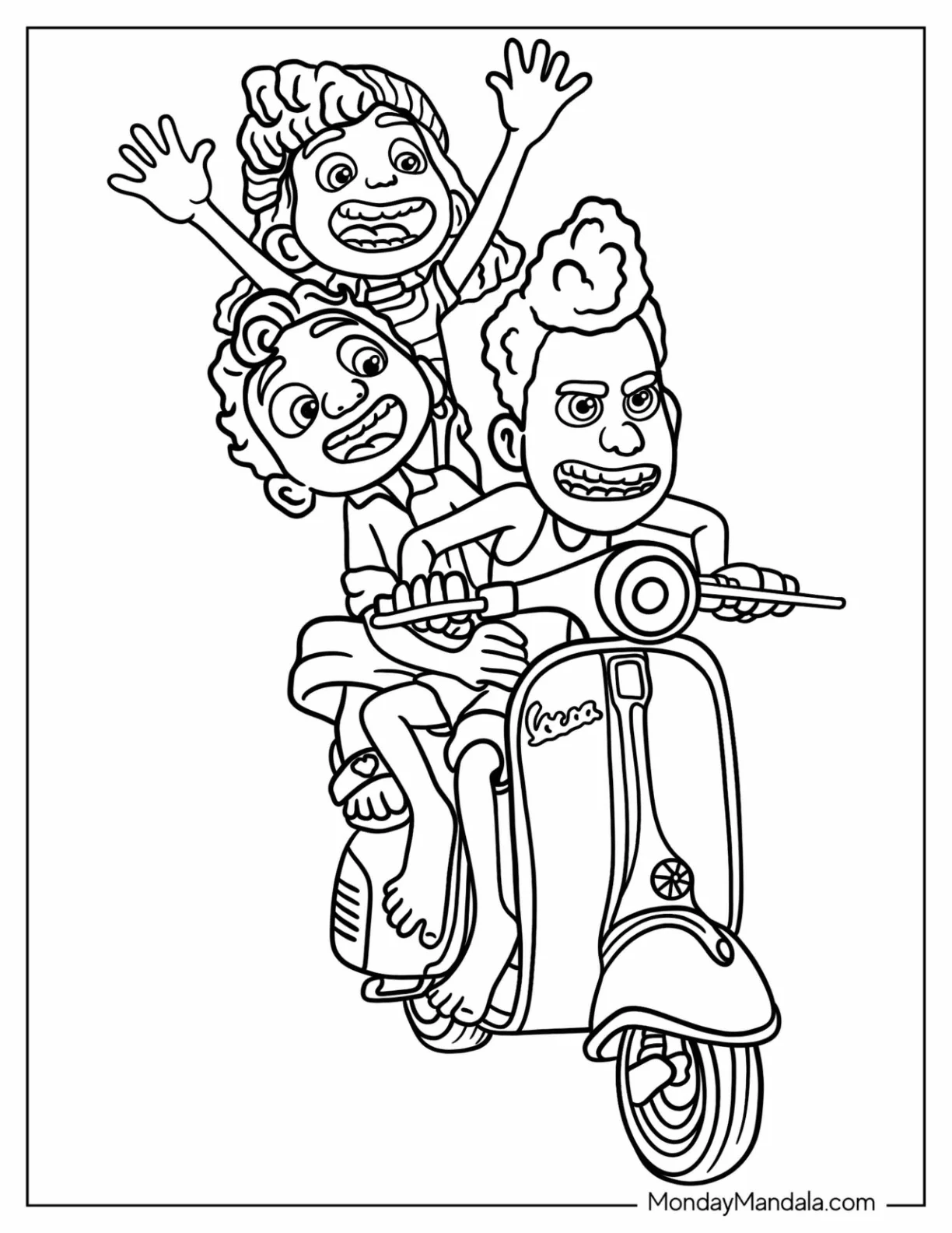 Pixar Coloring Page of Luca, Alberto, And Guila Riding Scooter coloring page