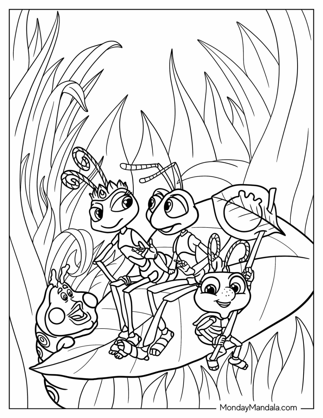 Pixar Coloring Page of Princess Atta, Flik, Heimlich, And Dot Bug s Life coloring page