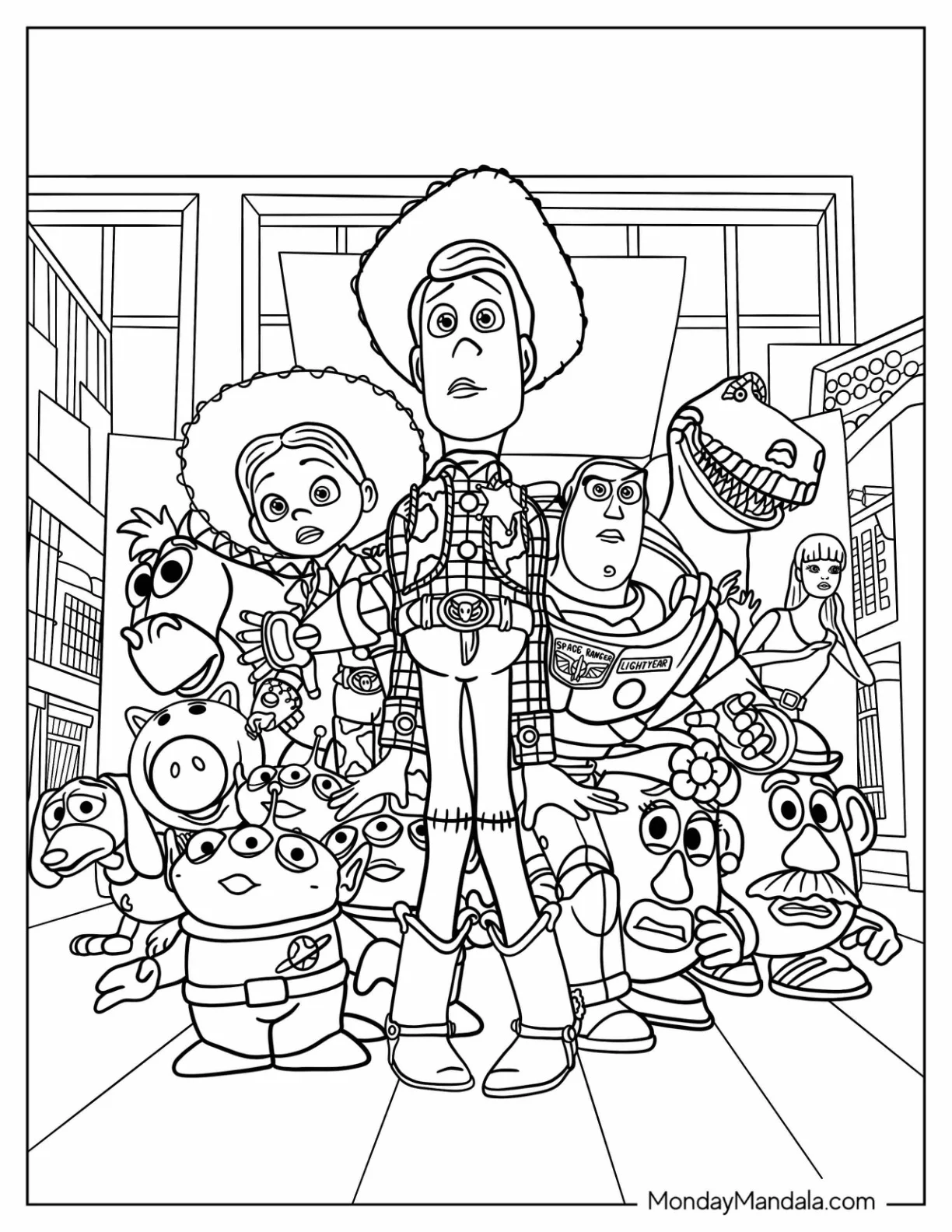 Pixar Coloring Page of Toy Story Woody, Buzz, And Jessie With Friends coloring page