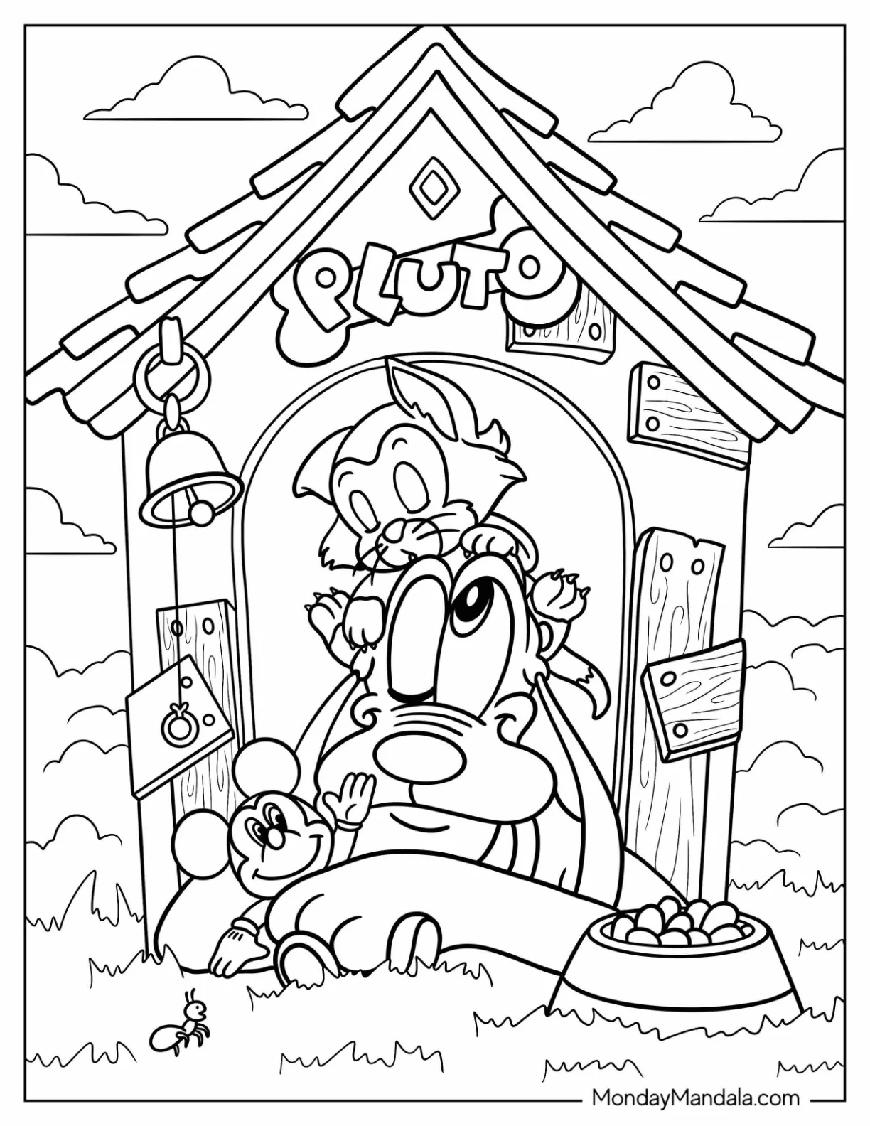 Cat Sleeping On Top Of Pluto Coloring Page In Dog House coloring page