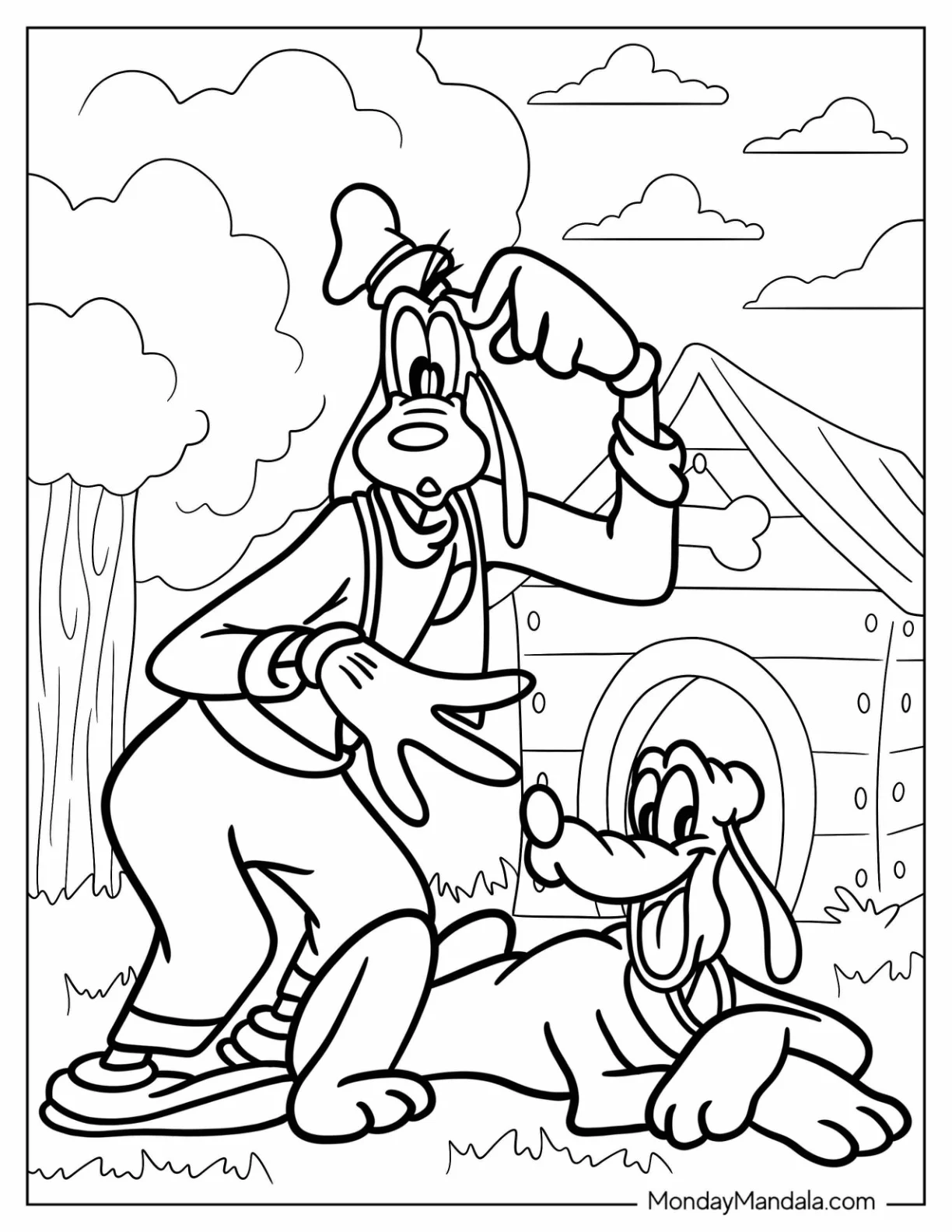 Confuse Goofy Standing Outside Dog House With Pluto Coloring Page coloring page — printable line art