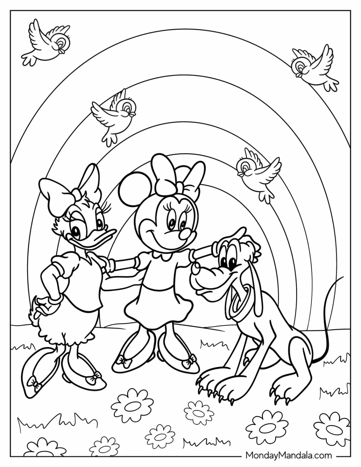 Daisy Duck And Minnie Mouse Petting Pluto Coloring Page coloring page