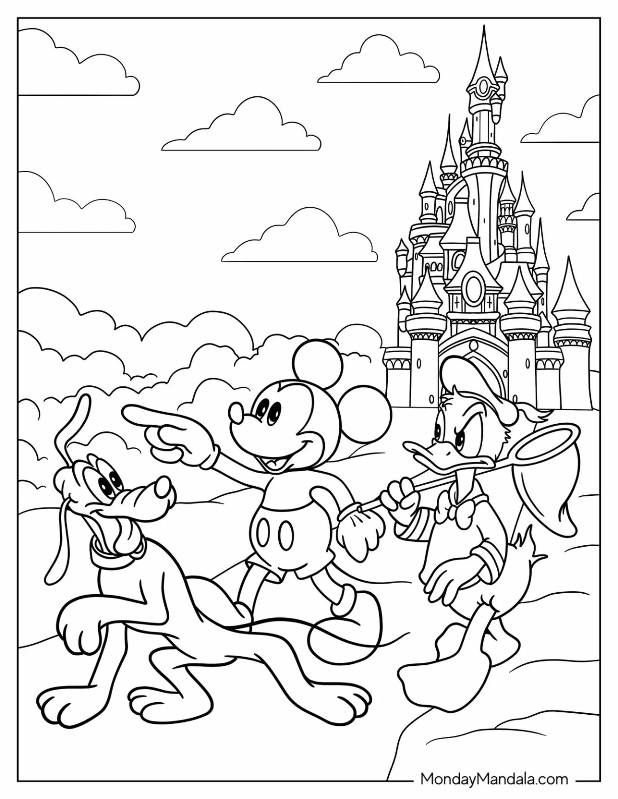 Mickey Mouse And Donald Duck With Pluto Coloring Page Outside Disney Castle coloring page
