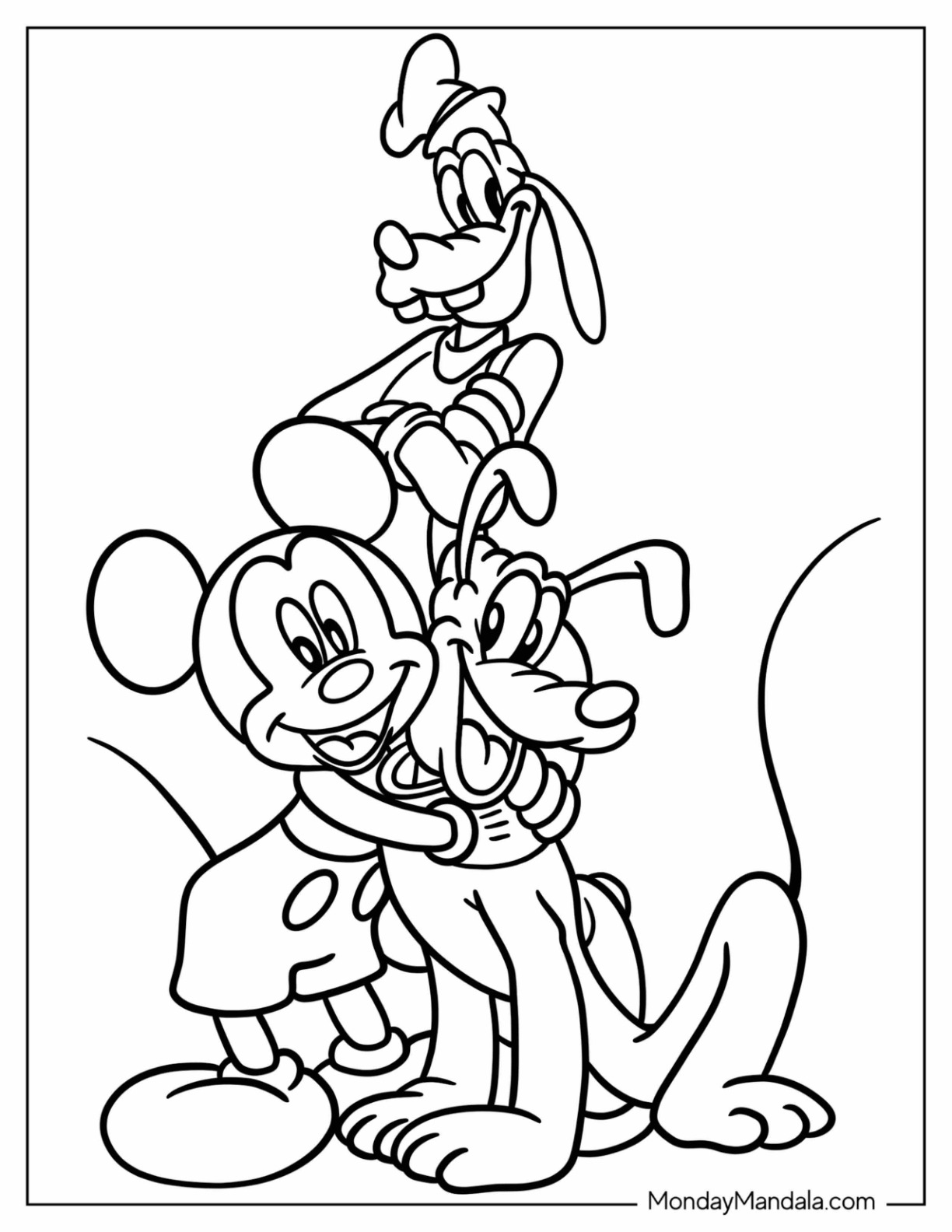 Mickey Mouse Hugging Pluto Coloring Page With Goofy In The Back coloring page