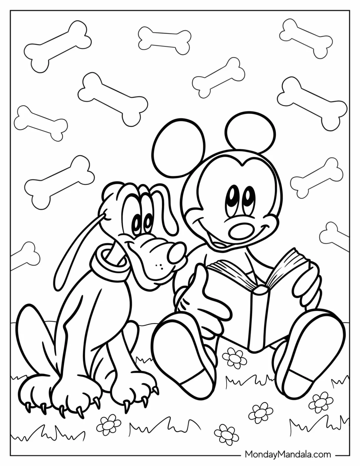 Mickey Mouse Reading A Book To Pluto Coloring Page coloring page