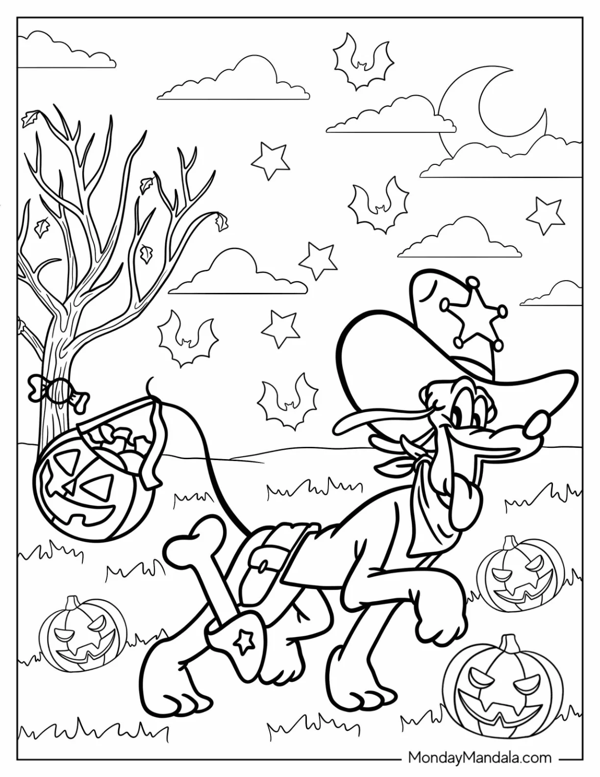 Pluto Coloring Page In Cowboy Costume Trick Or Treating For Halloween coloring page — printable line art