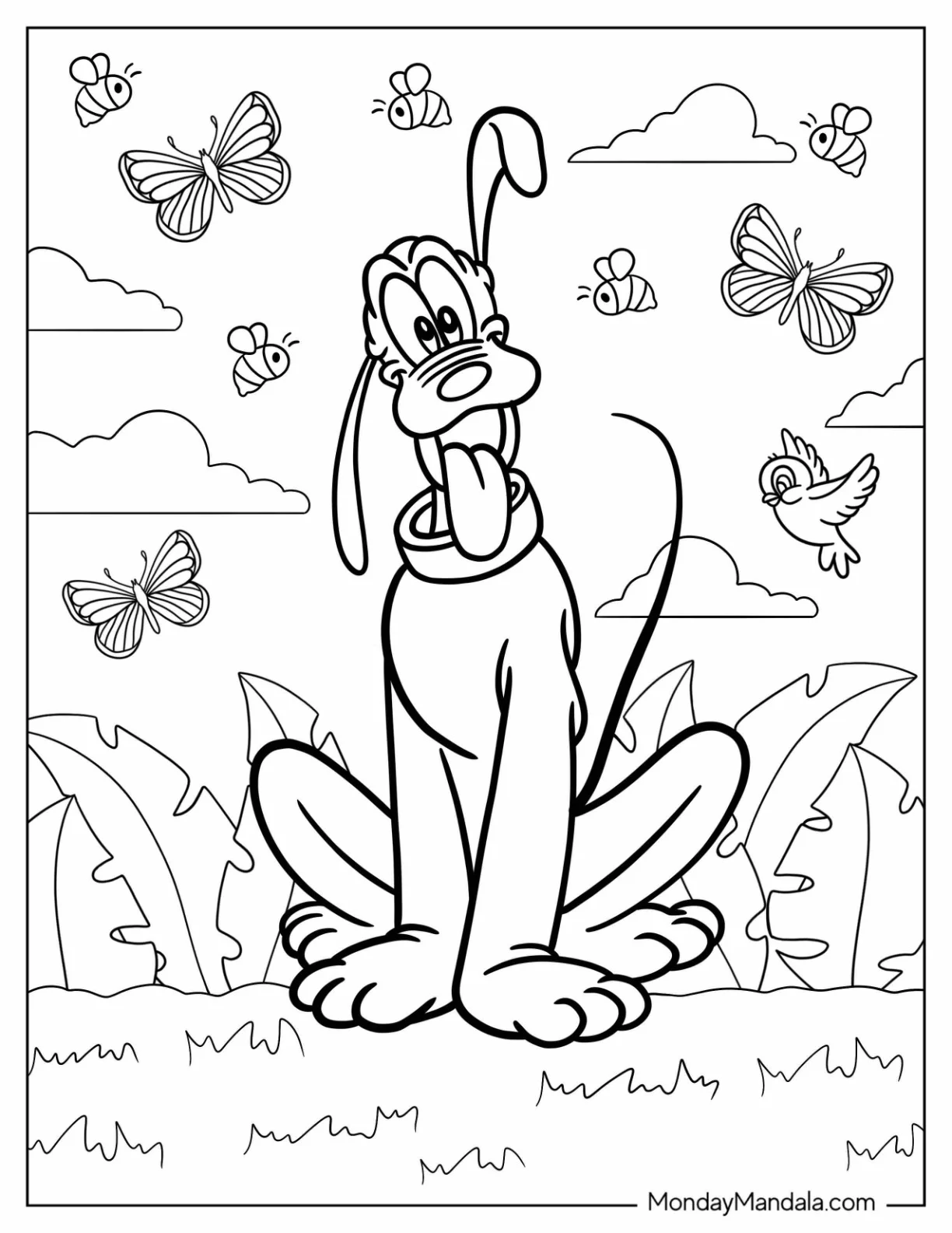 Pluto Coloring Page Sitting In Garden With Butterflies And Birds coloring page — printable line art