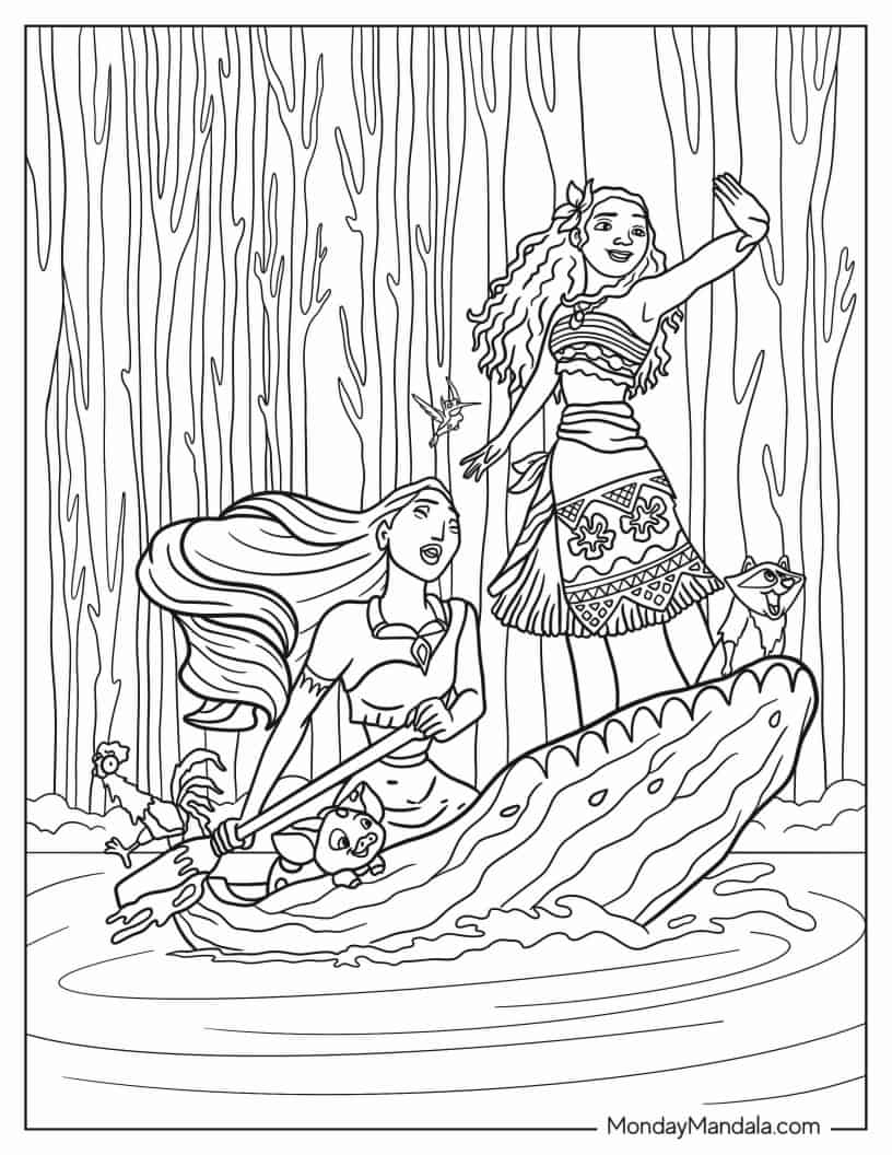 Coloring Sheet Of Mulan And Pocahontas On Canoe coloring page