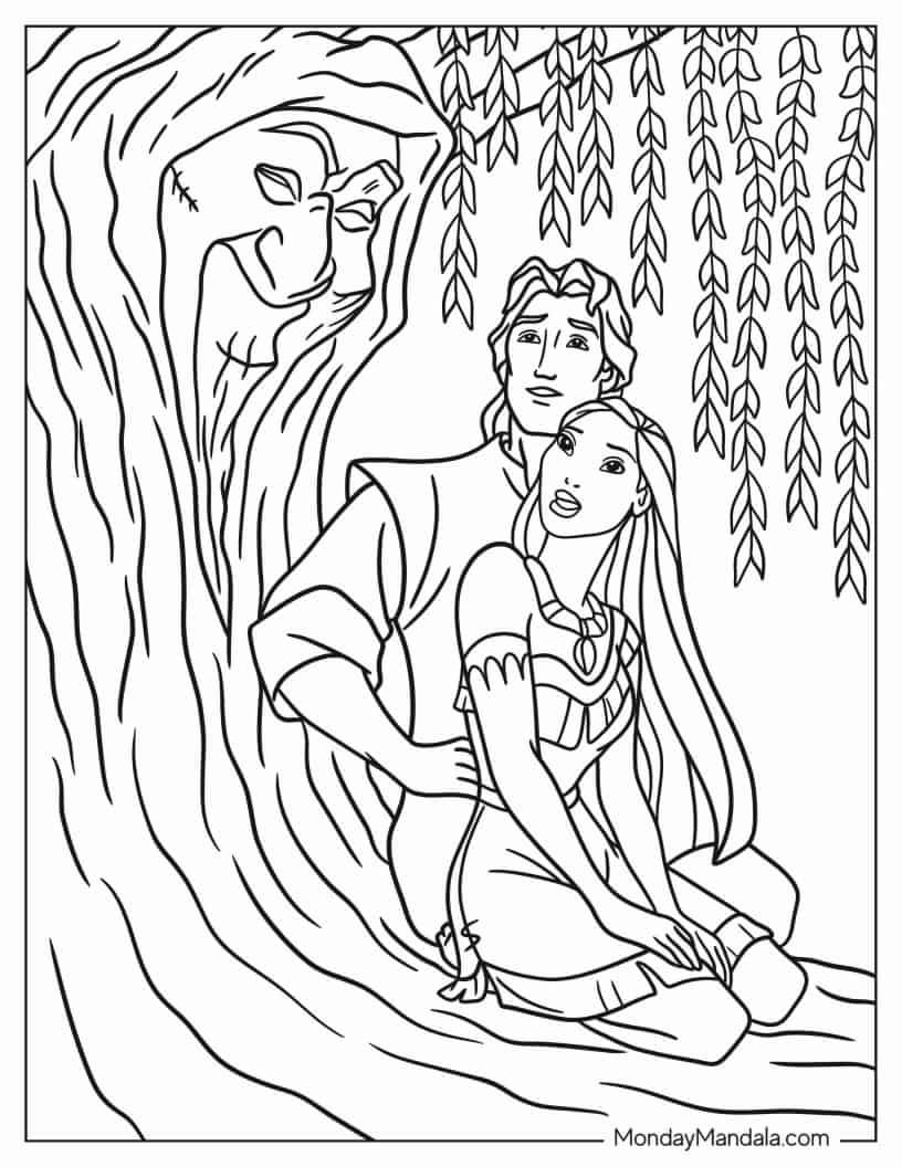 Pocahontas And John Smith With Grandmother Willow coloring page