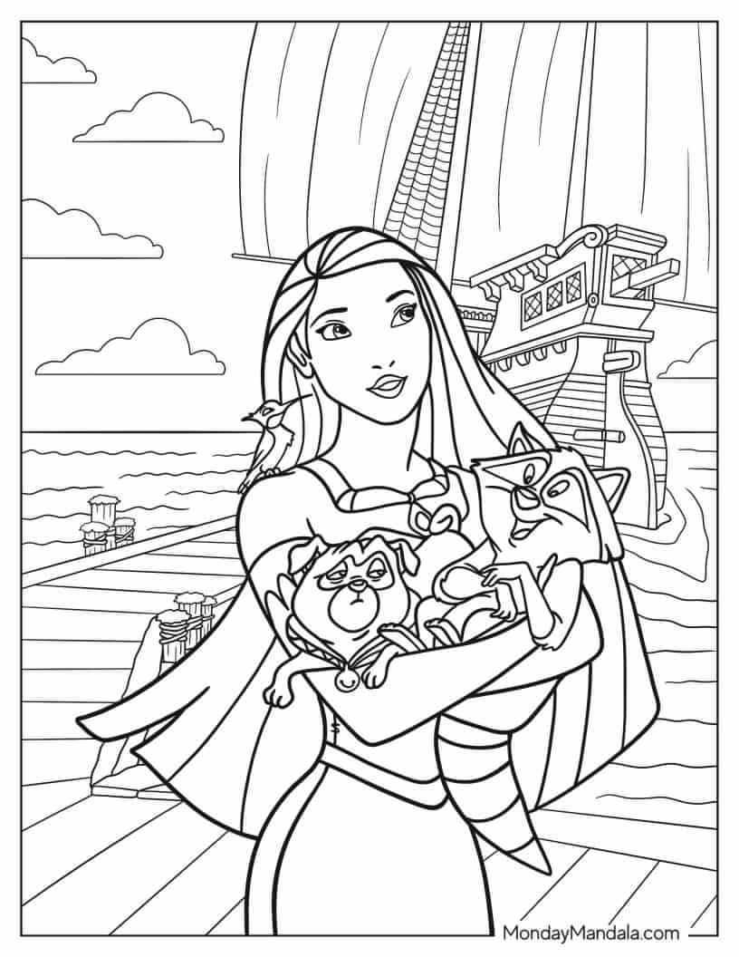 Pocahontas On The Port With Meeko And Percy coloring page