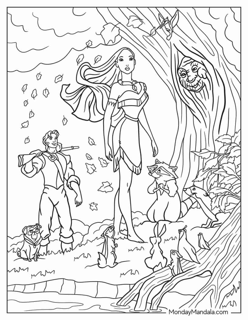 Pocahontas With Grandmother Willow, John Smith, And Meeko coloring page
