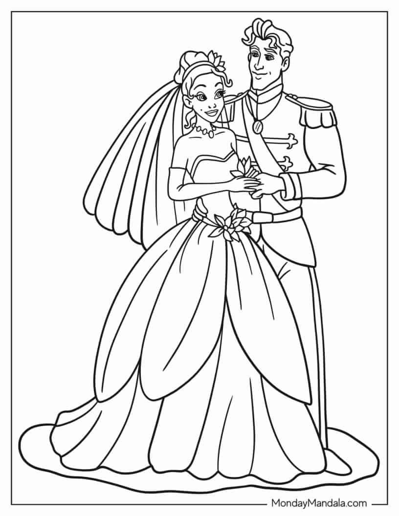 Easy Coloring Sheet Of Tiana And Naveen Wedding coloring page