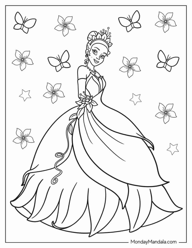 Princess Tiana In Ball Gown Coloring In For Kids coloring page