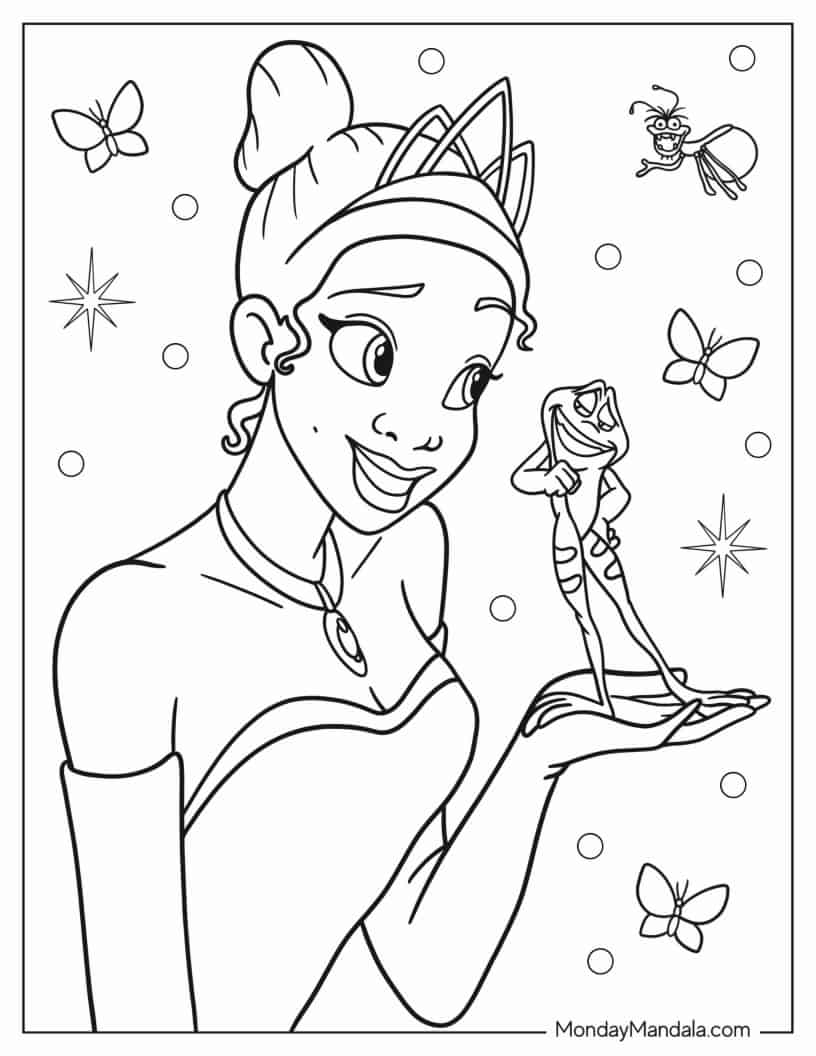 Princess Tiana Smiling At Frog Prince Naveen Coloring Page coloring page