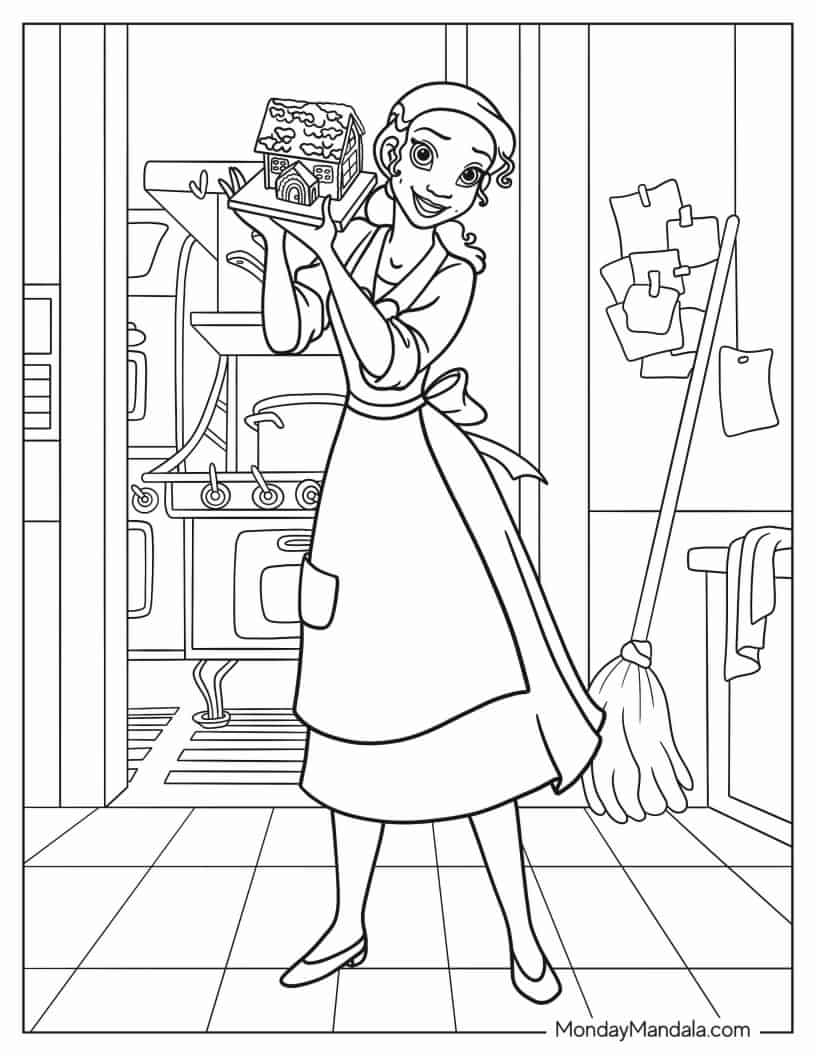 Tiana Holding Up Gingerbread House coloring page