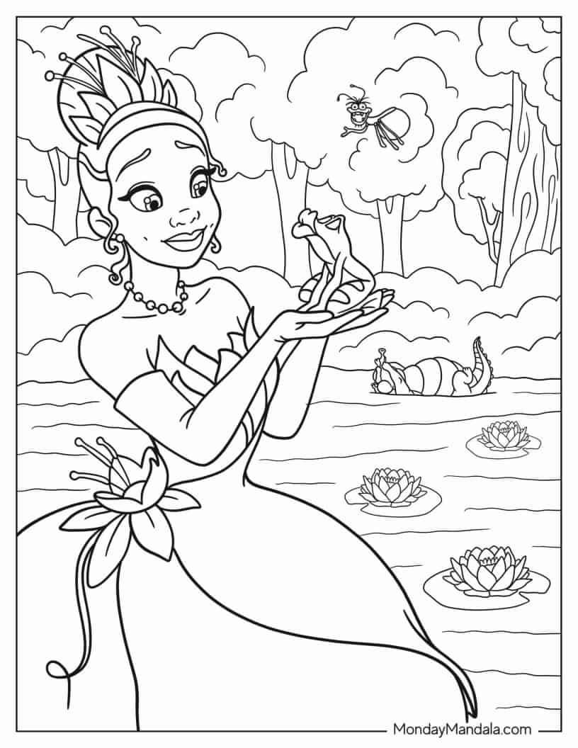 Tiana, Naveen, Ray, And Louis By The River coloring page